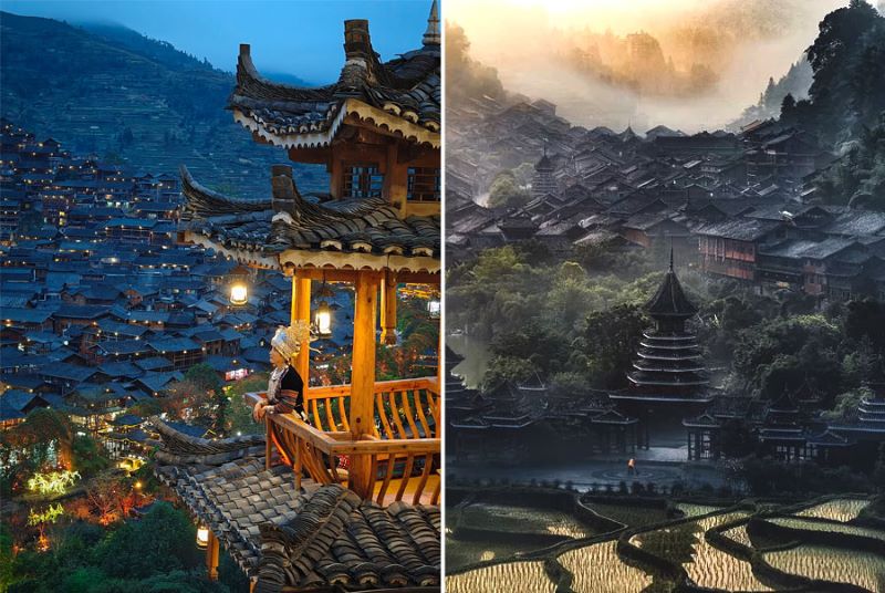 Trấn Viễn cổ trấn về đêm từ trên cao