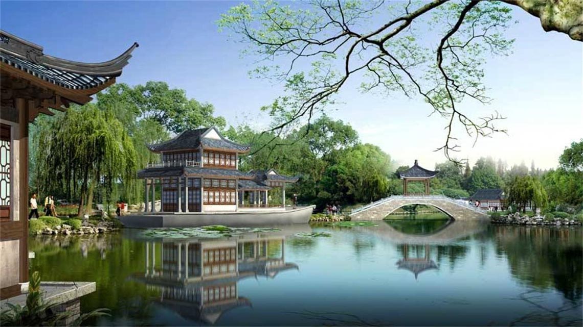 Vườn Sư Tử Lâm với hòn non bộ và hồ nước trong xanh