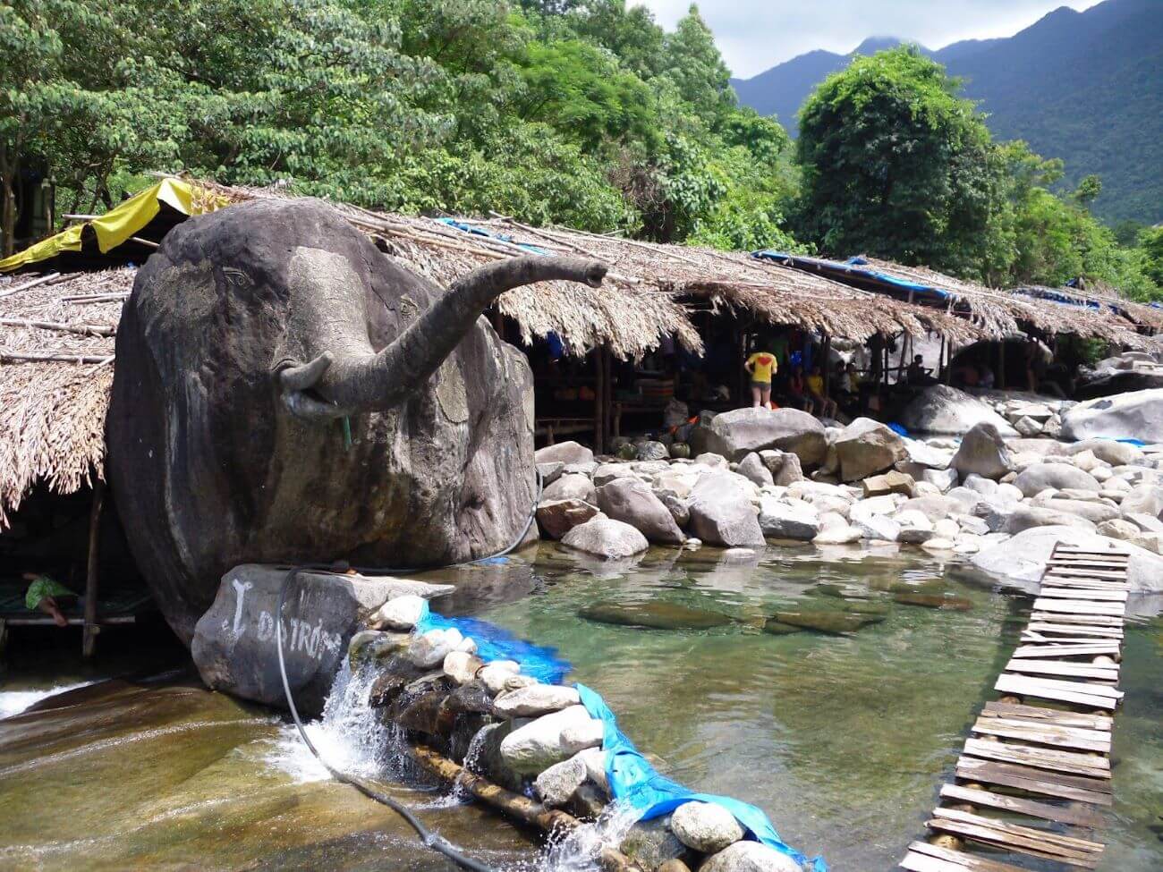 Khung cảnh tổng thể tuyệt đẹp của Suối Voi với làn nước trong xanh, những ghềnh đá và cây cối um tùm