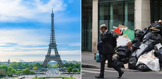 Khung cảnh đường phố Paris với Tháp Eiffel lấp ló phía xa, du khách đang đi lại