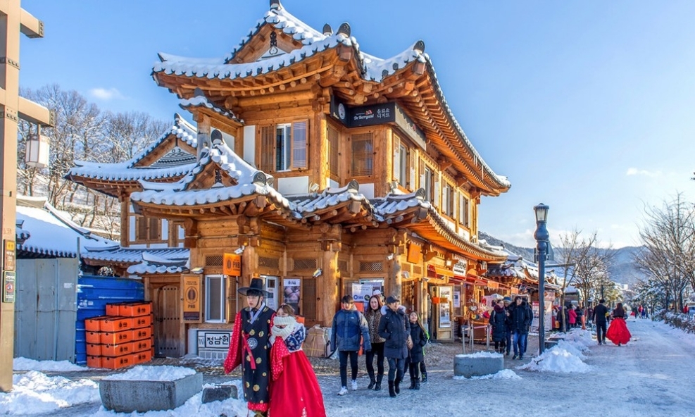 Con đường mòn giữa đồng cỏ phủ tuyết tại Hoenggye