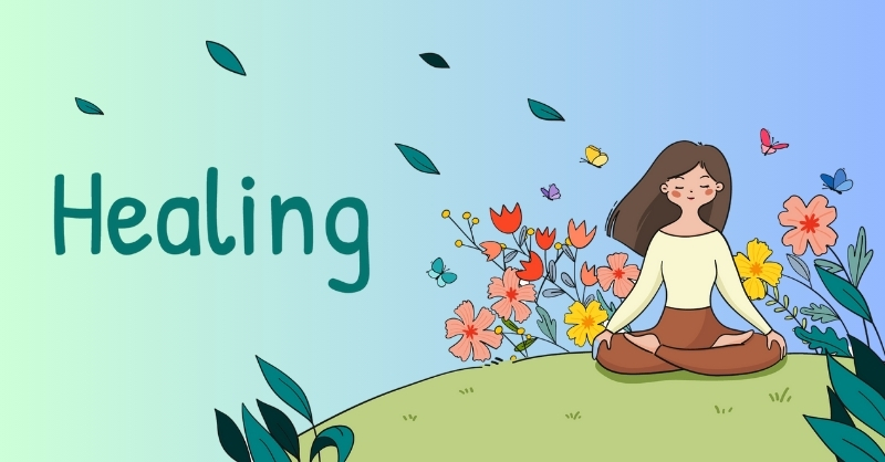 Biểu tượng chữa lành với hình ảnh người ngồi thiền bên cây cối